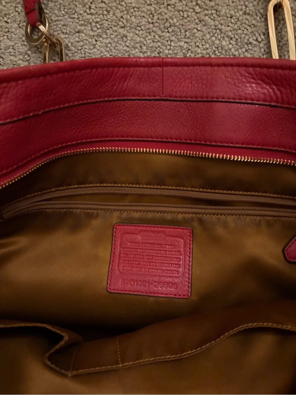 Coach Crimson Leather Tote with Gold Hardware
